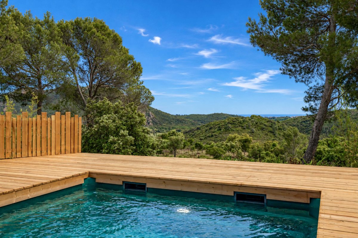 Piscine privée et terrasse en bois d'un hébergement VIP d'Esterel Caravaning, face aux collines de l'Estérel et à la mer
