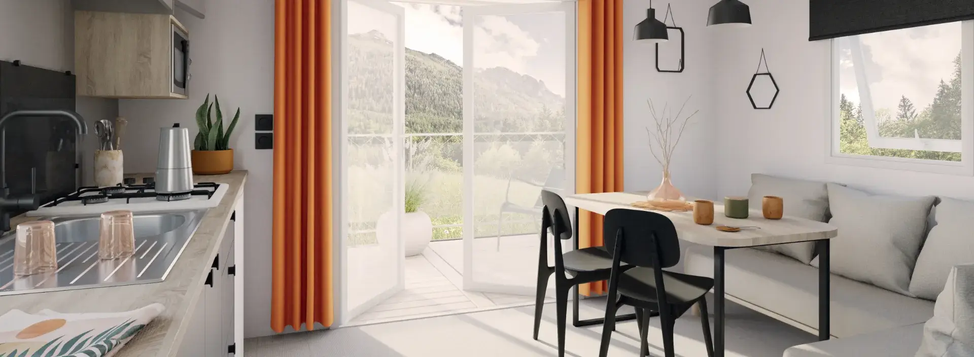 Séjour du mobil-home Villa : cuisine équipée, table et banquette devant la baie vitrée